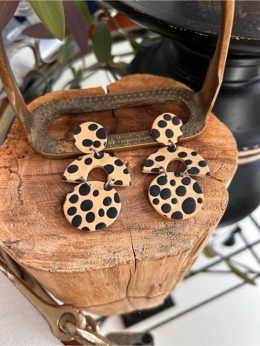 Handmade Beige and Black Polka Dot Dangle Earrings - Women Accessories